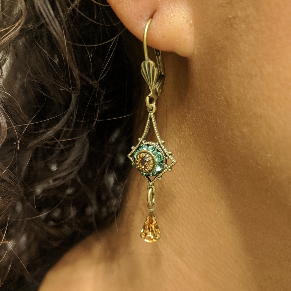 1928 Earrings - Teal and amber rhinestones